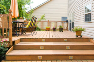 Modern wooden patio and garden area of a family house